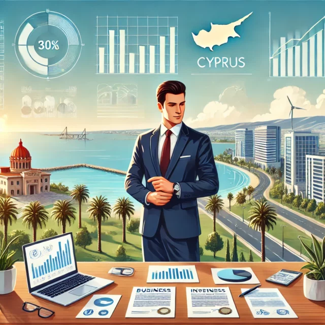 DALL·E 2025-02-04 21.34.02 - A professional illustration of a business setup in Cyprus. A modern office with a view of the Mediterranean Sea, palm trees, and a financial district