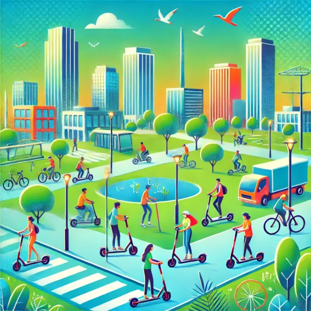 DALL·E 2025-02-06 18.14.04 - A vibrant illustration of electric scooters in an urban environment. A cityscape with modern buildings, green parks, and bike lanes filled with people